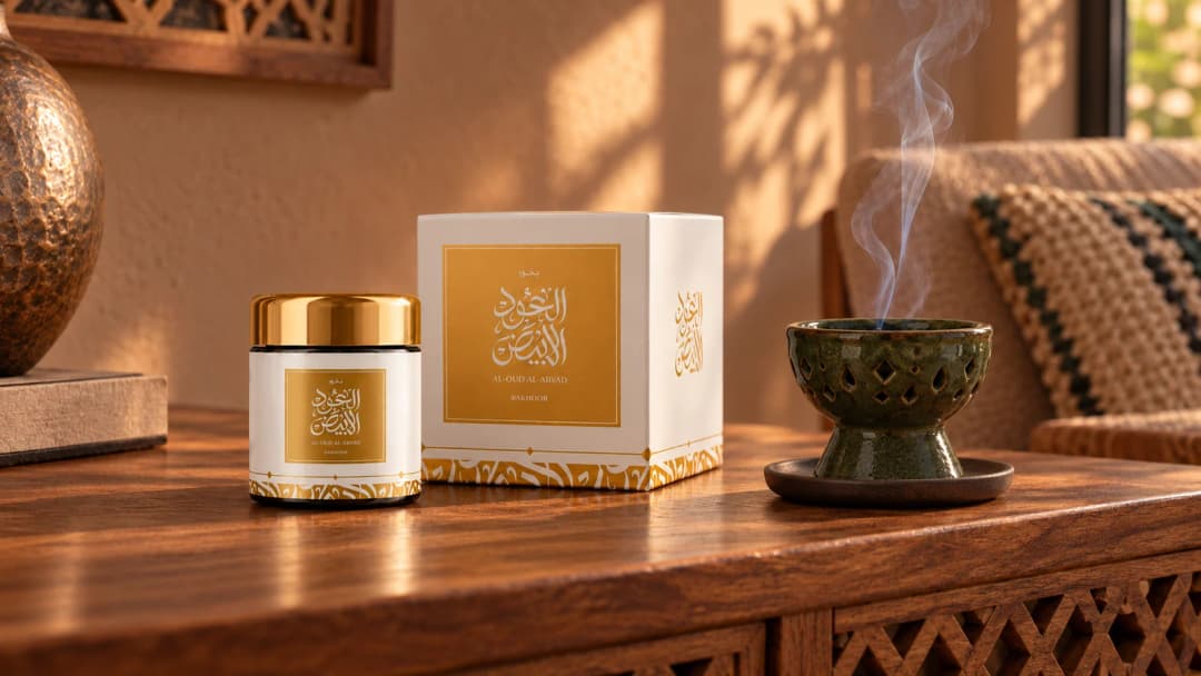 خيط دخان خفيف يتصاعد من مبخرة خضراء قرب عبوة Al-Oud Al-Abyad وعلبتها في صالون مغربي.