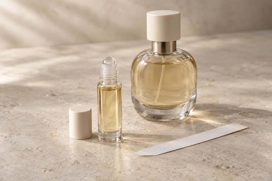 قارورة عطر بكرة دوّارة وزجاجة عطر وشريط ورقي لتجربة الرائحة على سطح حجري فاتح.