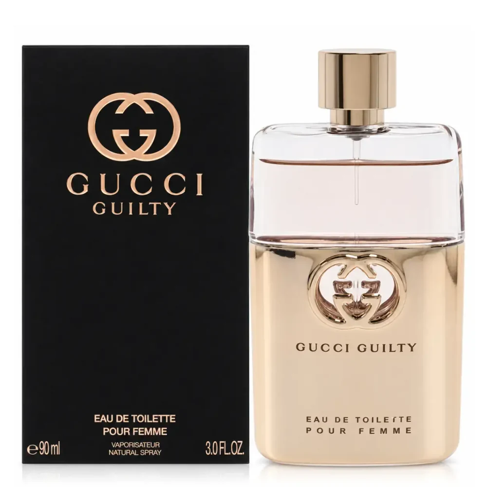 قارورة Gucci Guilty Pour Femme وعلبتها مع ظهور عبارة Eau de Toilette.